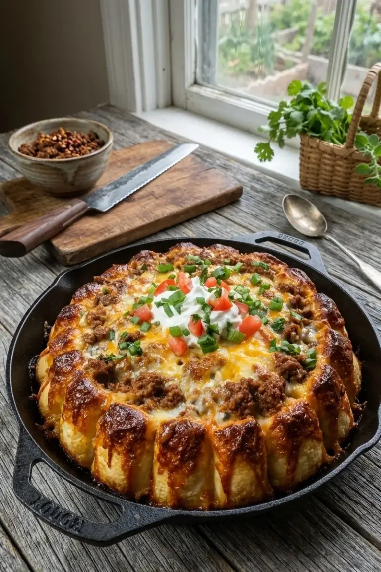 A high-angle, vertical shot of a taco crescent ring casserole baked to a deep golden-brown in a black cast iron skillet. The ring is made of flaky, buttery pastry triangles folded over a savory ground beef and melted cheese filling. The center of the ring is filled with a large dollop of white sour cream, diced red tomatoes, and freshly sliced green onions. The skillet sits on a textured brown placemat on a dark wooden table with a candle glowing in the background.