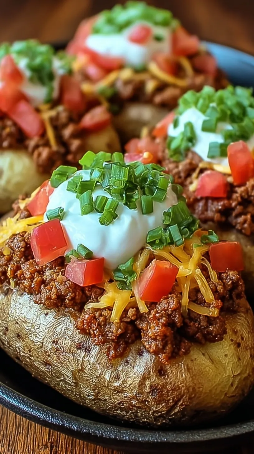 A row of crispy Russet potatoes stuffed with seasoned ground beef, melted cheese, and fresh taco toppings.