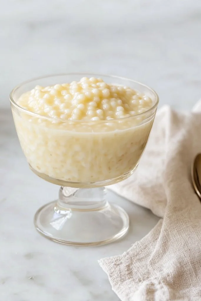 Creamy tapioca pudding in a bowl topped with fresh fruit