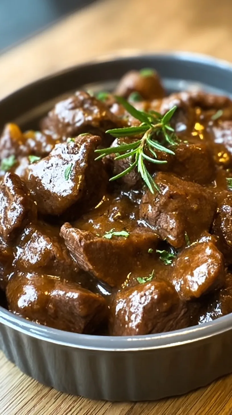 A plate of tender beef tips smothered in brown gravy served over creamy mashed potatoes.