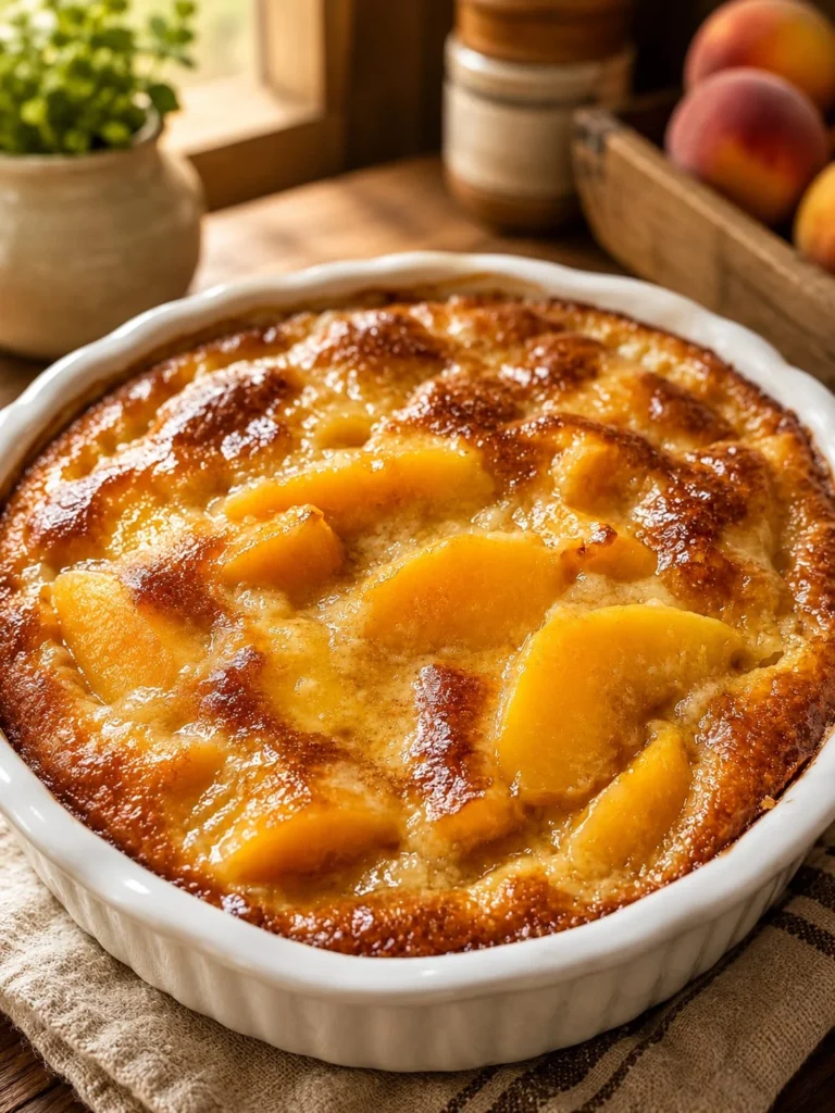 Delicious Tennessee Peach Pudding topped with fresh peach slices