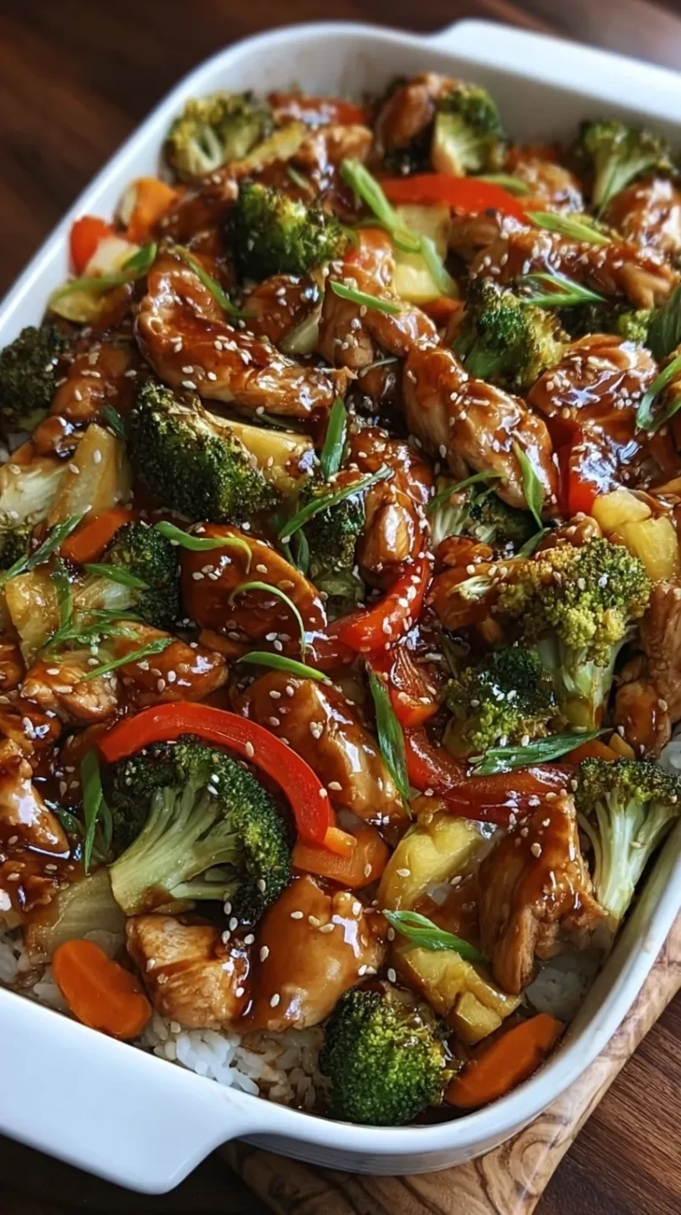 A steaming dish of Teriyaki Chicken Casserole with broccoli, carrots, and sesame seeds.