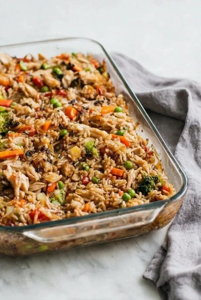 Delicious Teriyaki Chicken Rice Casserole topped with green onions