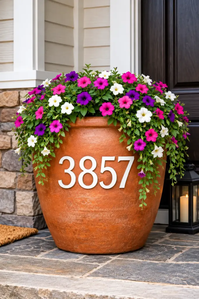 Large terracotta address planter with painted white house numbers and trailing petunias