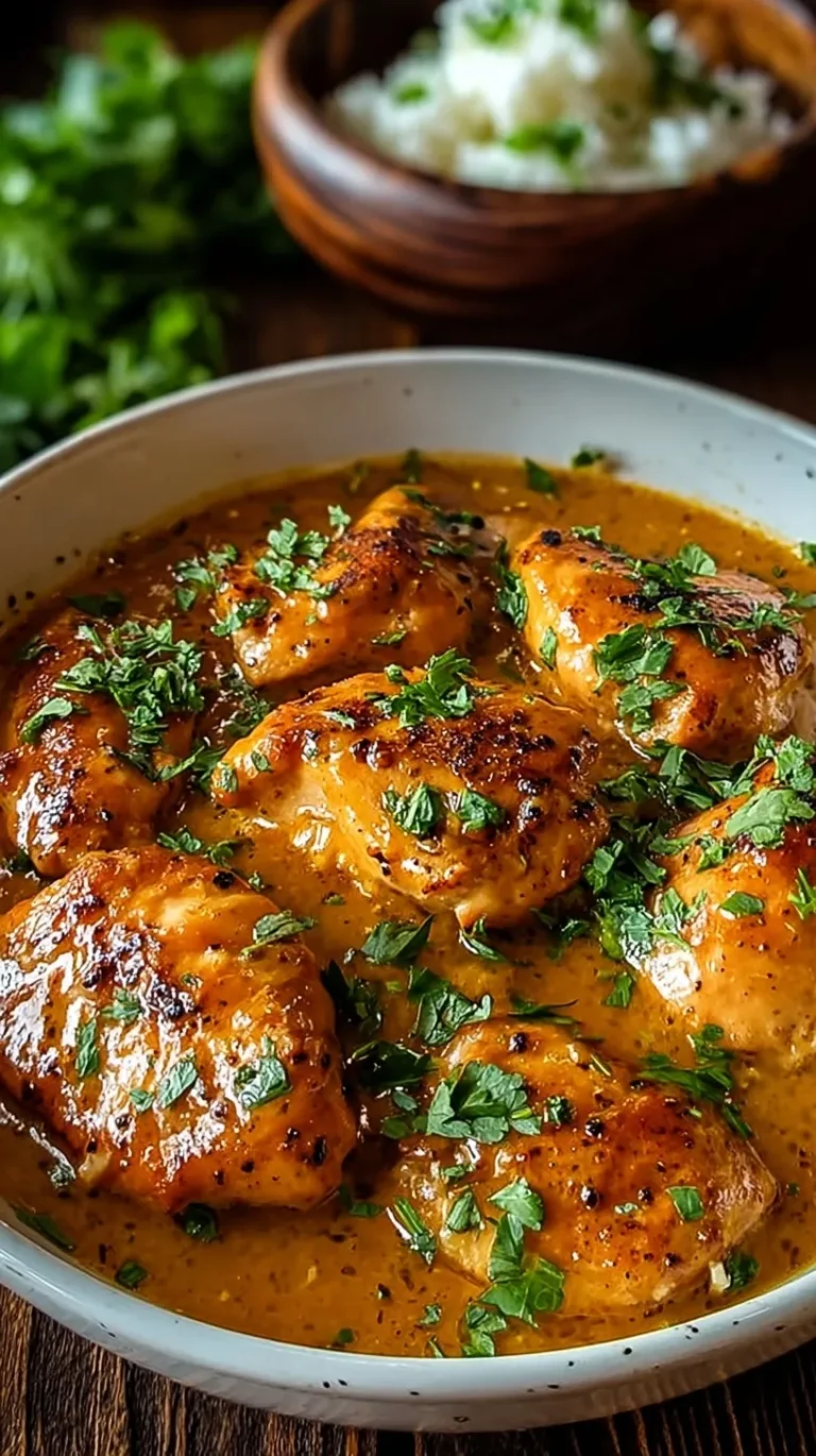 A skillet of creamy Texas Roadhouse Butter Chicken served with warm rolls and rice.