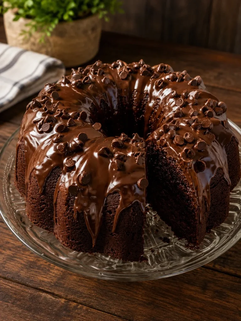 Delicious Texas Sheet Cake Bundt Cake topped with chocolate frosting and pecans