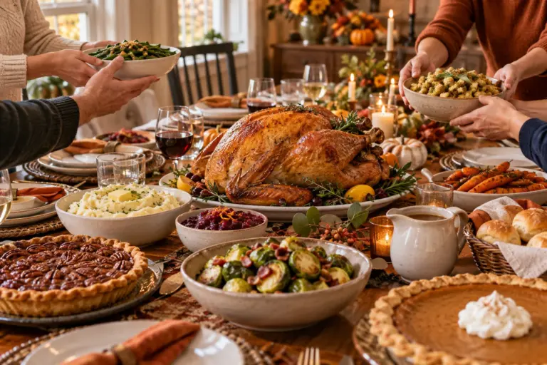Thanksgiving table with turkey and shared family dishes