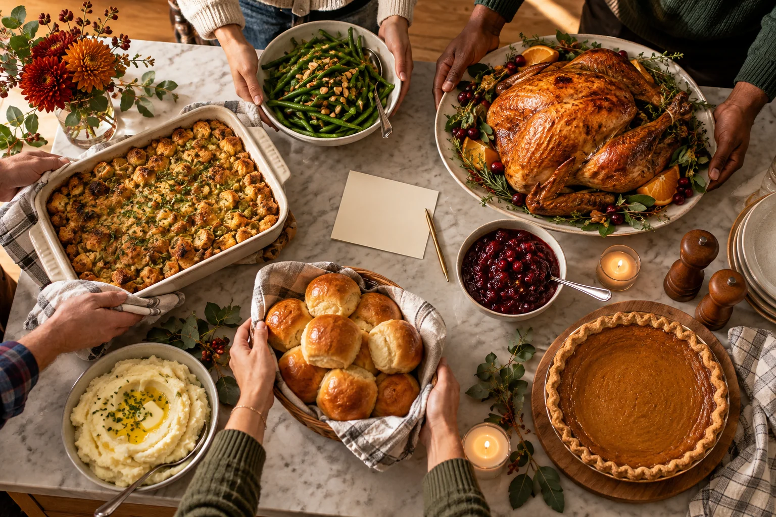Family members bringing Thanksgiving dishes to the table
