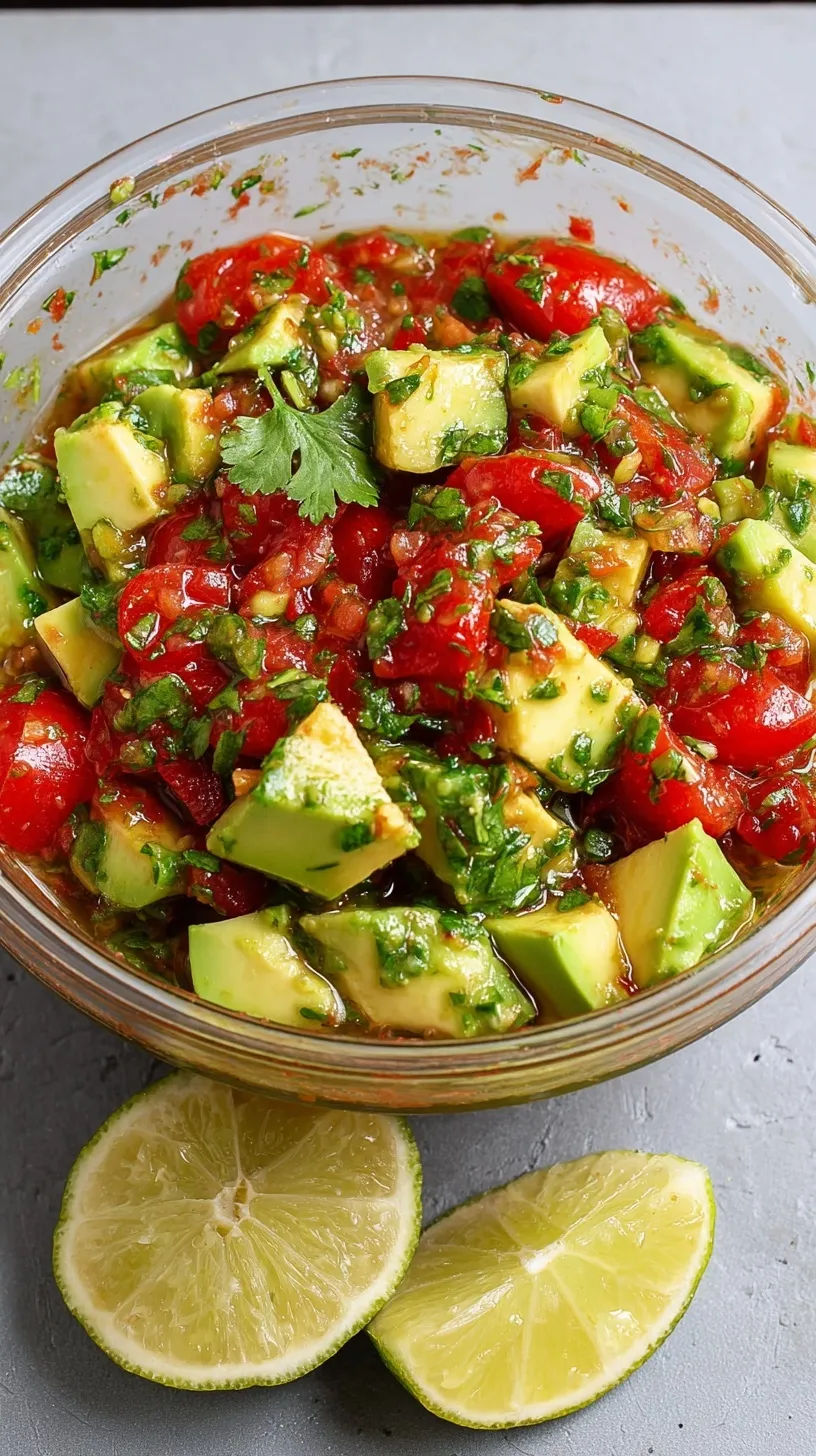 A bowl of fresh chunky avocado and tomato salsa with lime and cilantro.