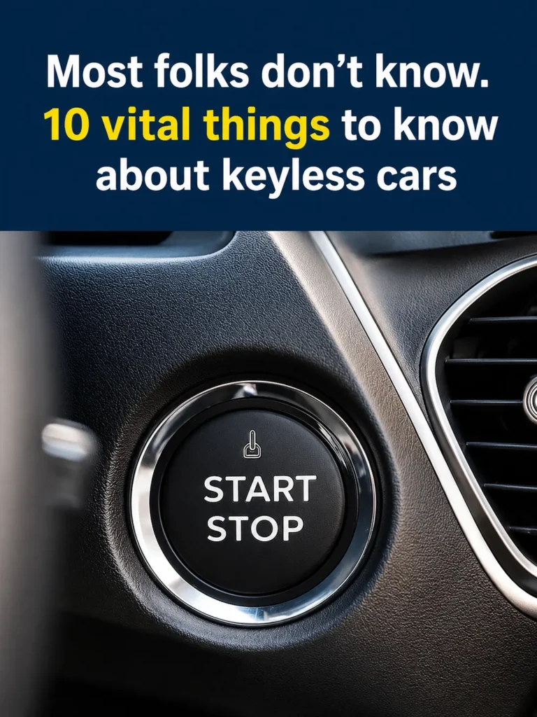 Driver holding a key fob beside a modern keyless car with push-button start