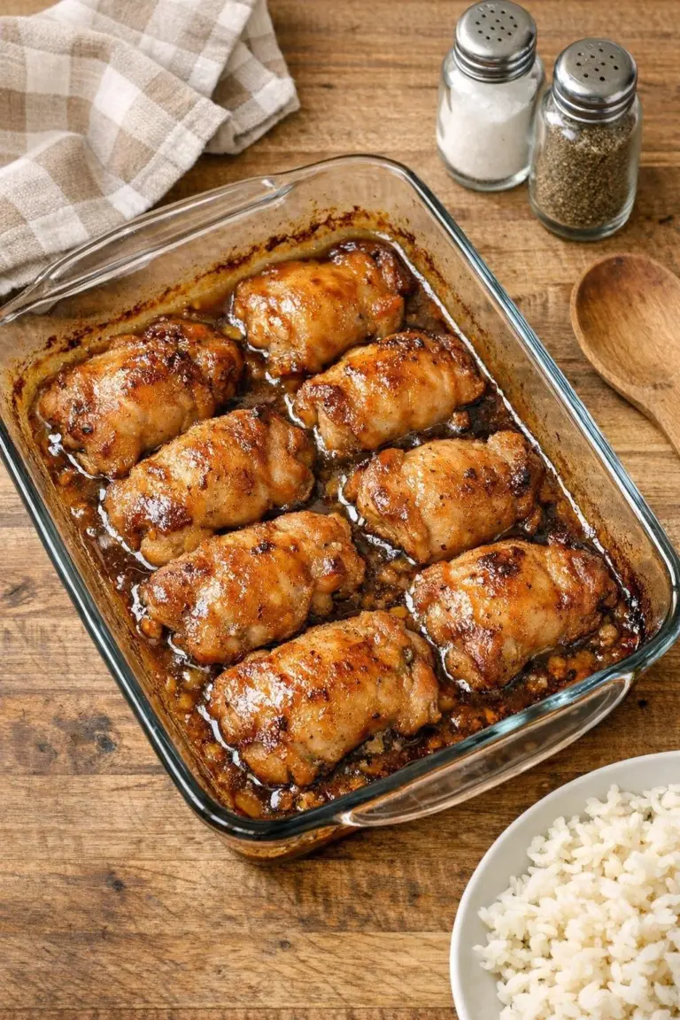 Raw boneless skinless chicken thighs in a glass casserole dish with pantry staples