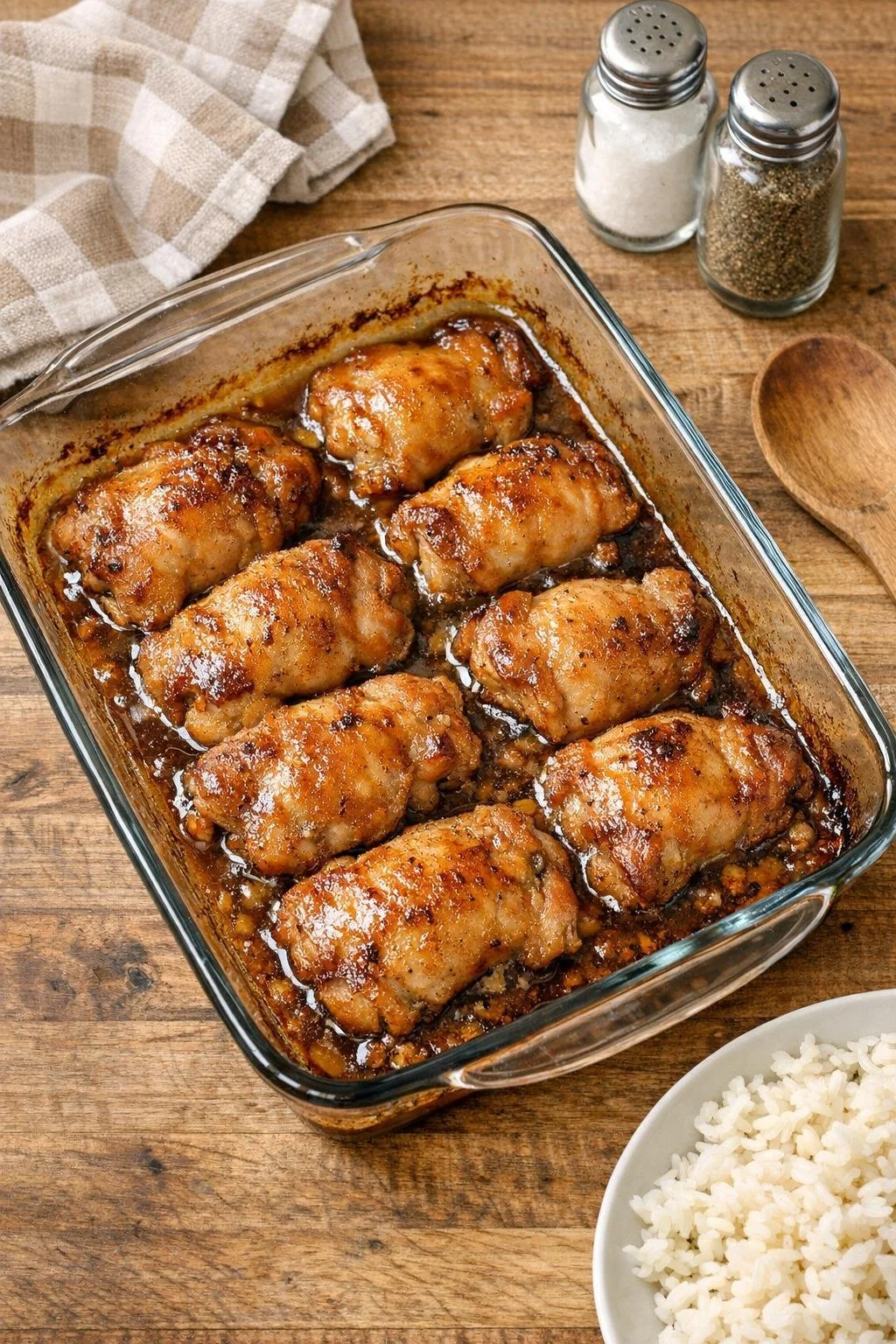 Raw boneless skinless chicken thighs in a glass casserole dish with pantry staples