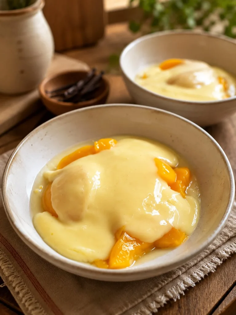 Bowl of tinned peaches served with creamy custard for dessert