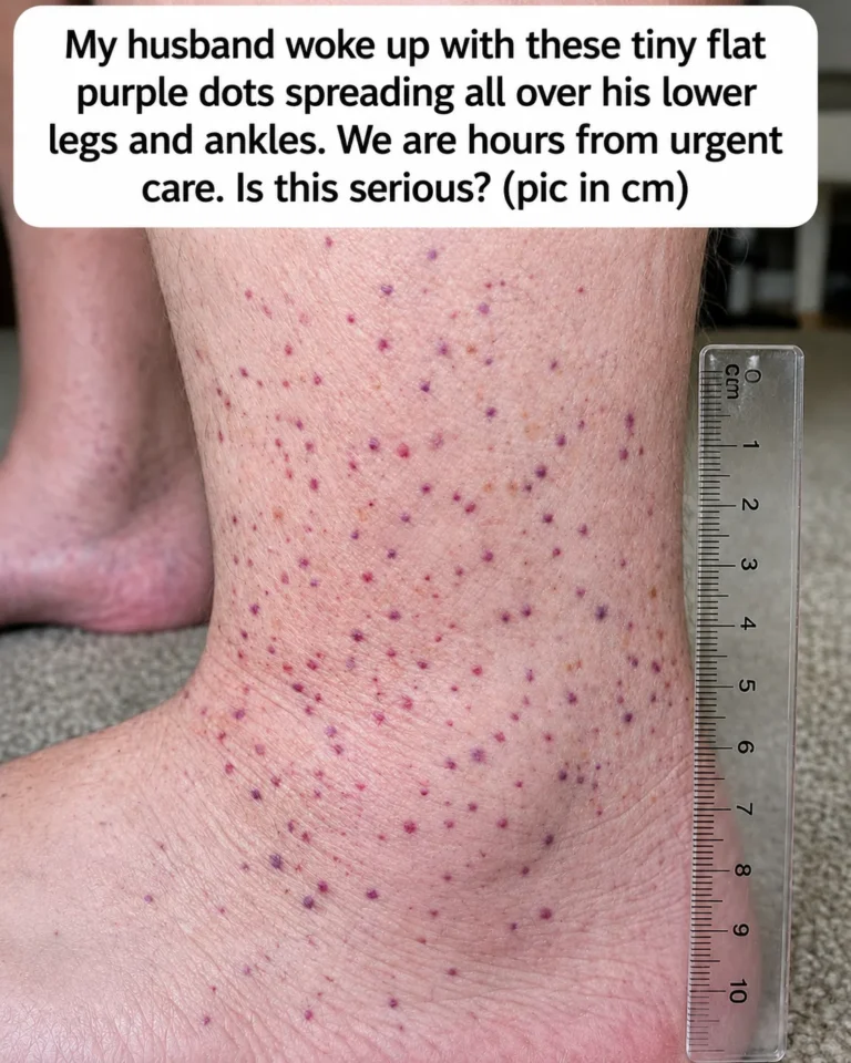 Adult lower legs and ankles showing tiny flat purple spots that may resemble petechiae