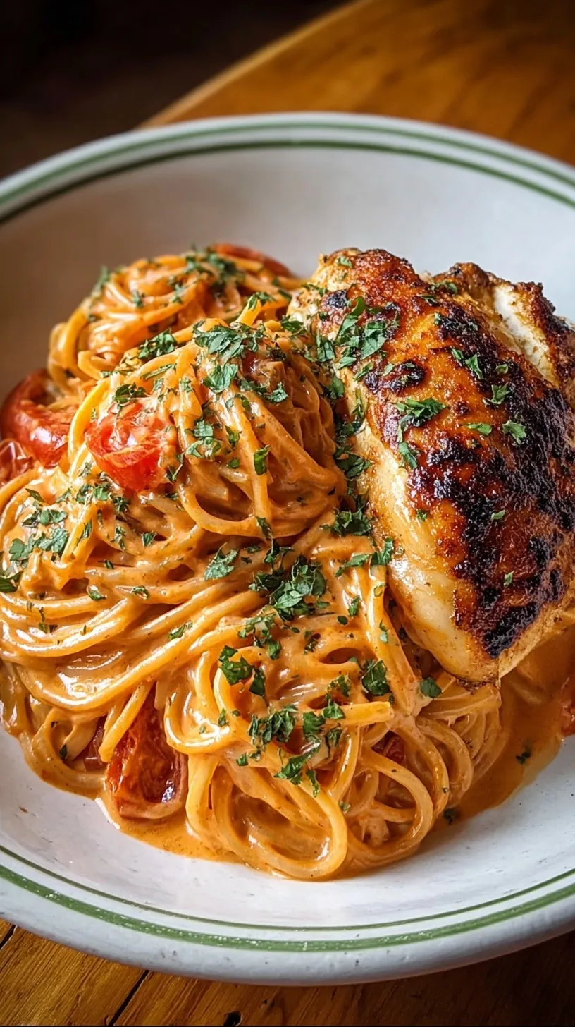 A bowl of creamy tomato cream spaghetti topped with sliced roasted chicken and fresh basil.