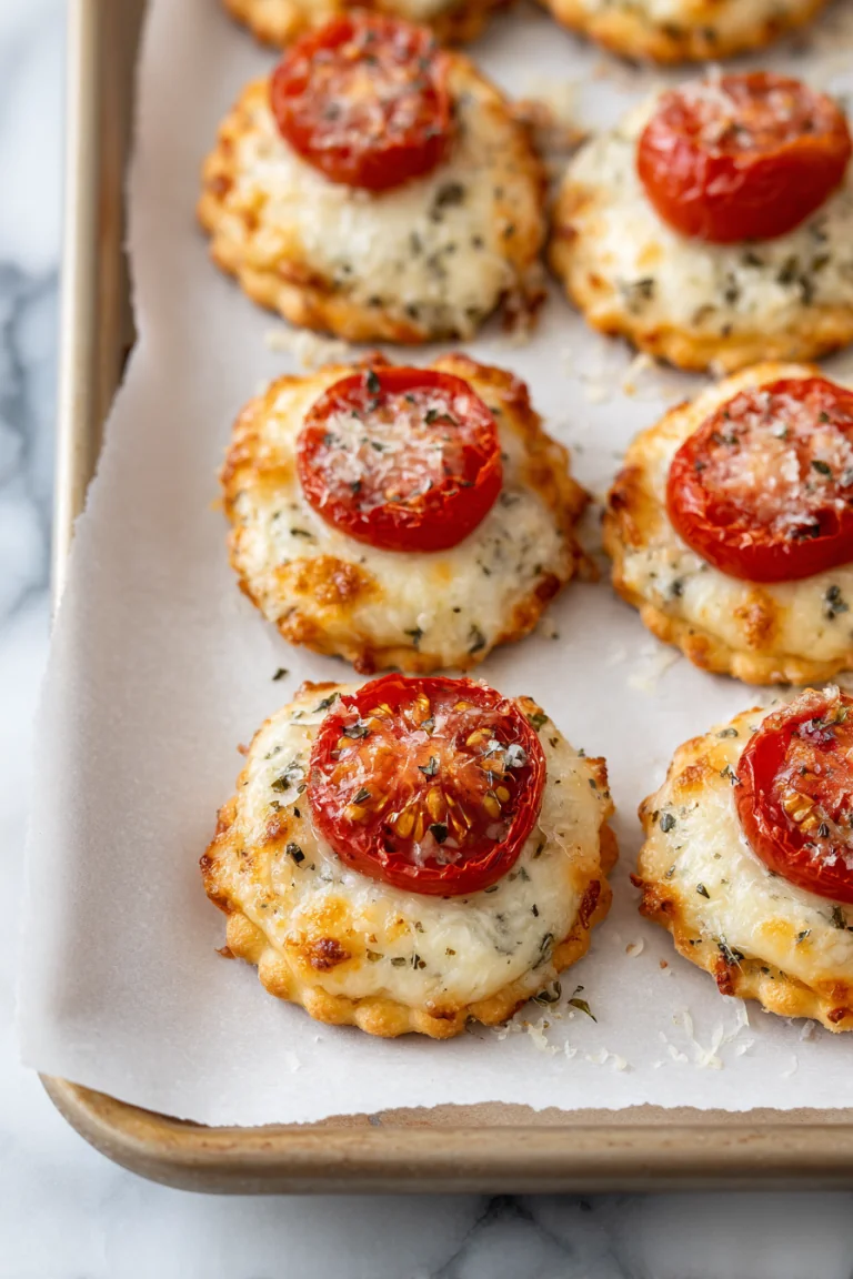 Cheesy tomato cracker bites on a lined baking sheet