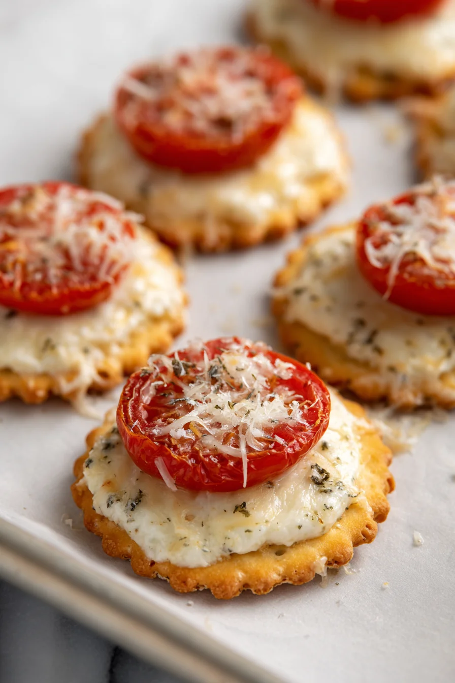 Close view of warm tomato and cheese cracker bites