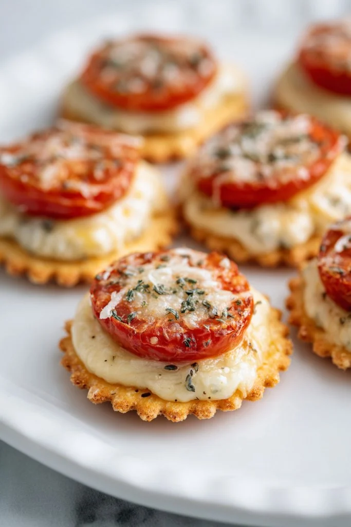 Delicious Tomato Ritz Cracker Bites topped with cream cheese and mozzarella.