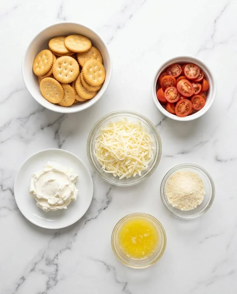 Crackers, tomatoes, cream cheese, mozzarella, Parmesan, and melted butter