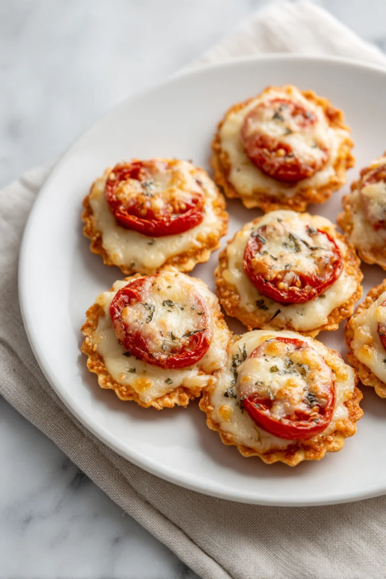 Tomato Ritz cracker bites arranged on a white serving plate
