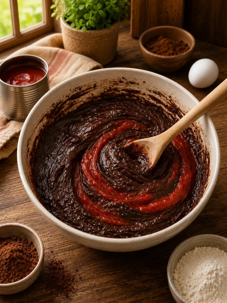 Moist tomato soup chocolate cake topped with creamy chocolate frosting and chocolate curls