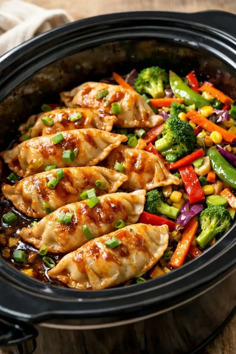 Delicious frozen pork potstickers in a crock with extra ingredients.