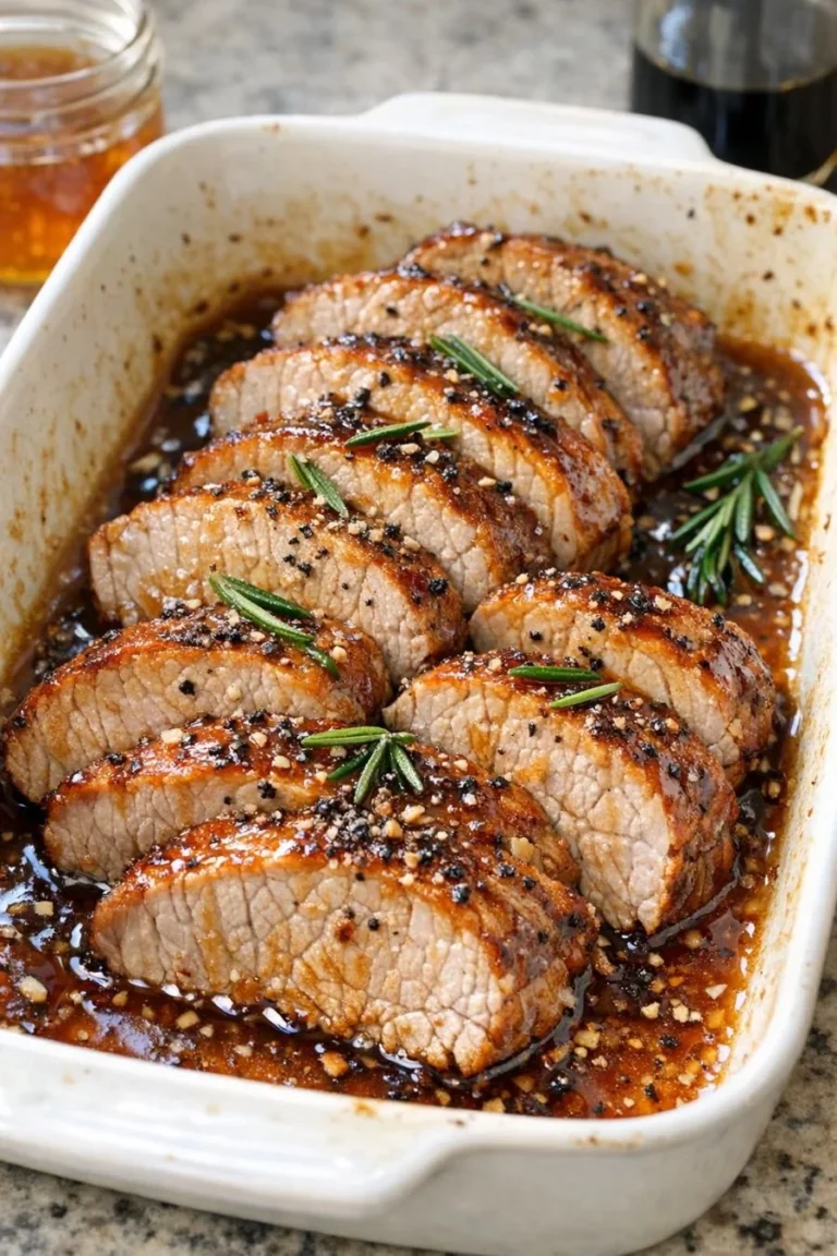 Raw pork tenderloin in a glass casserole dish with three ingredients.