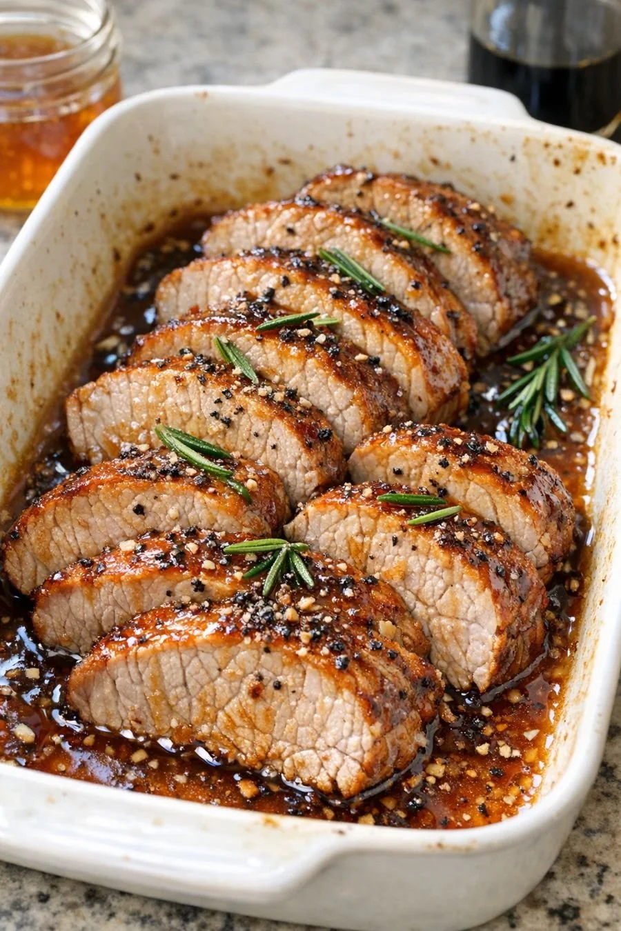 Raw pork tenderloin in a glass casserole dish with three ingredients.