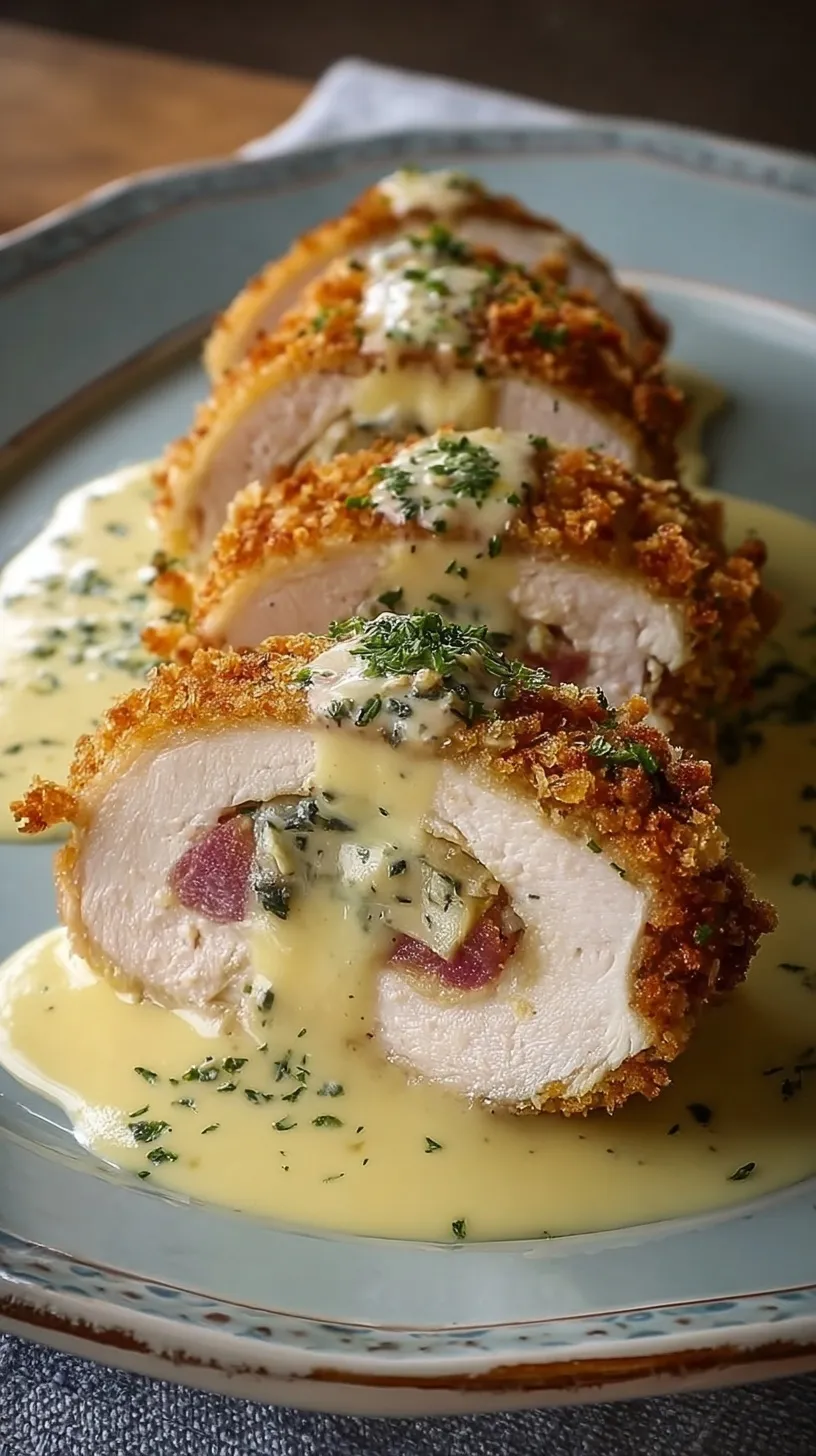 Crispy golden chicken cordon bleu sliced to show melted cheese and ham inside