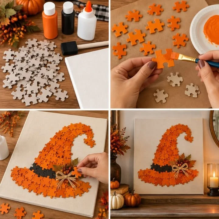 Spooky cute seasonal decor made from transformed old puzzle pieces.