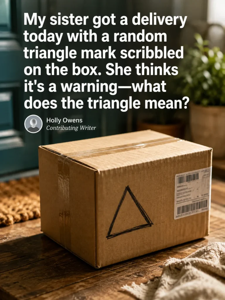 Cardboard delivery box on a front porch with a hand-drawn triangle mark near the shipping label