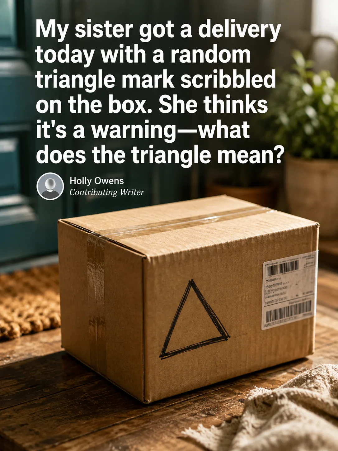 Cardboard delivery box on a front porch with a hand-drawn triangle mark near the shipping label