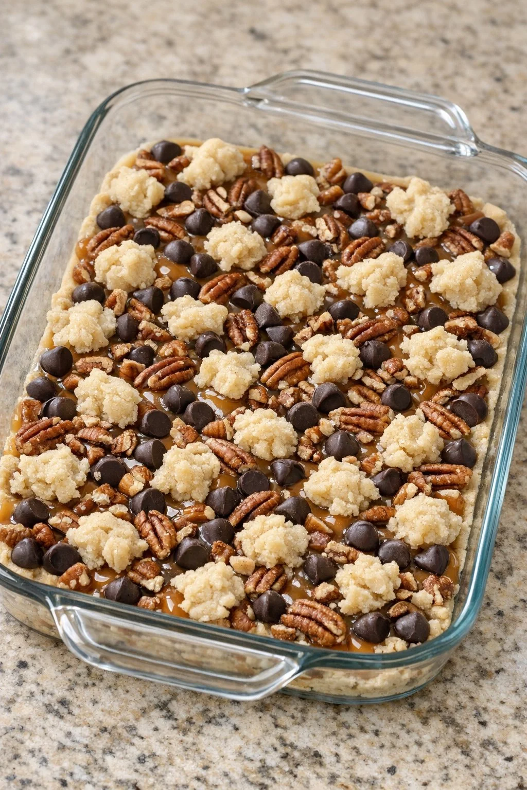 Pieces of cookie dough scattered over the filling before baking