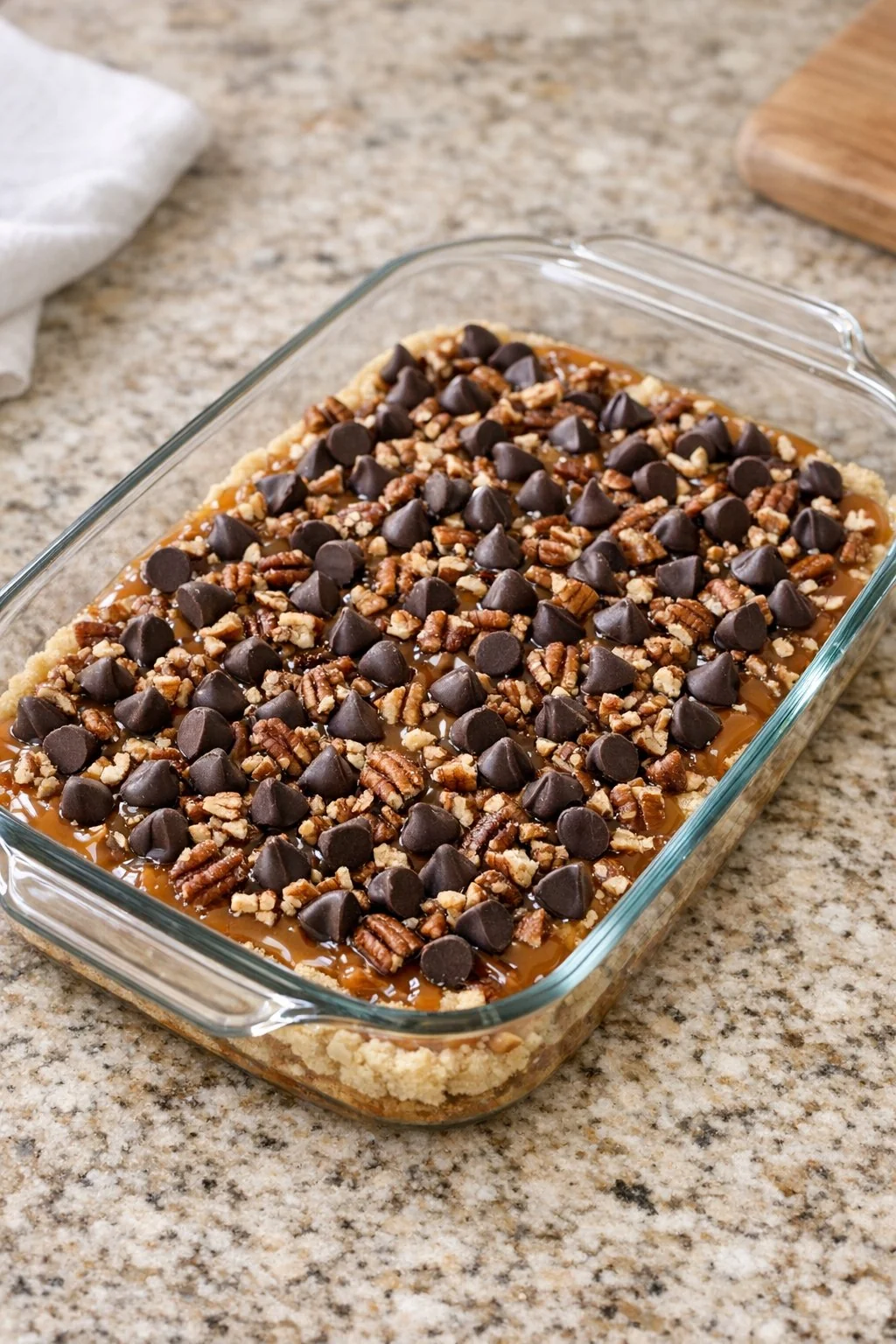 Caramel topped with pecans and chocolate chips