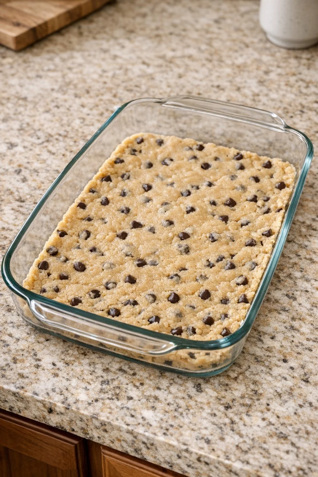 Cookie dough pressed across the bottom of a glass dish