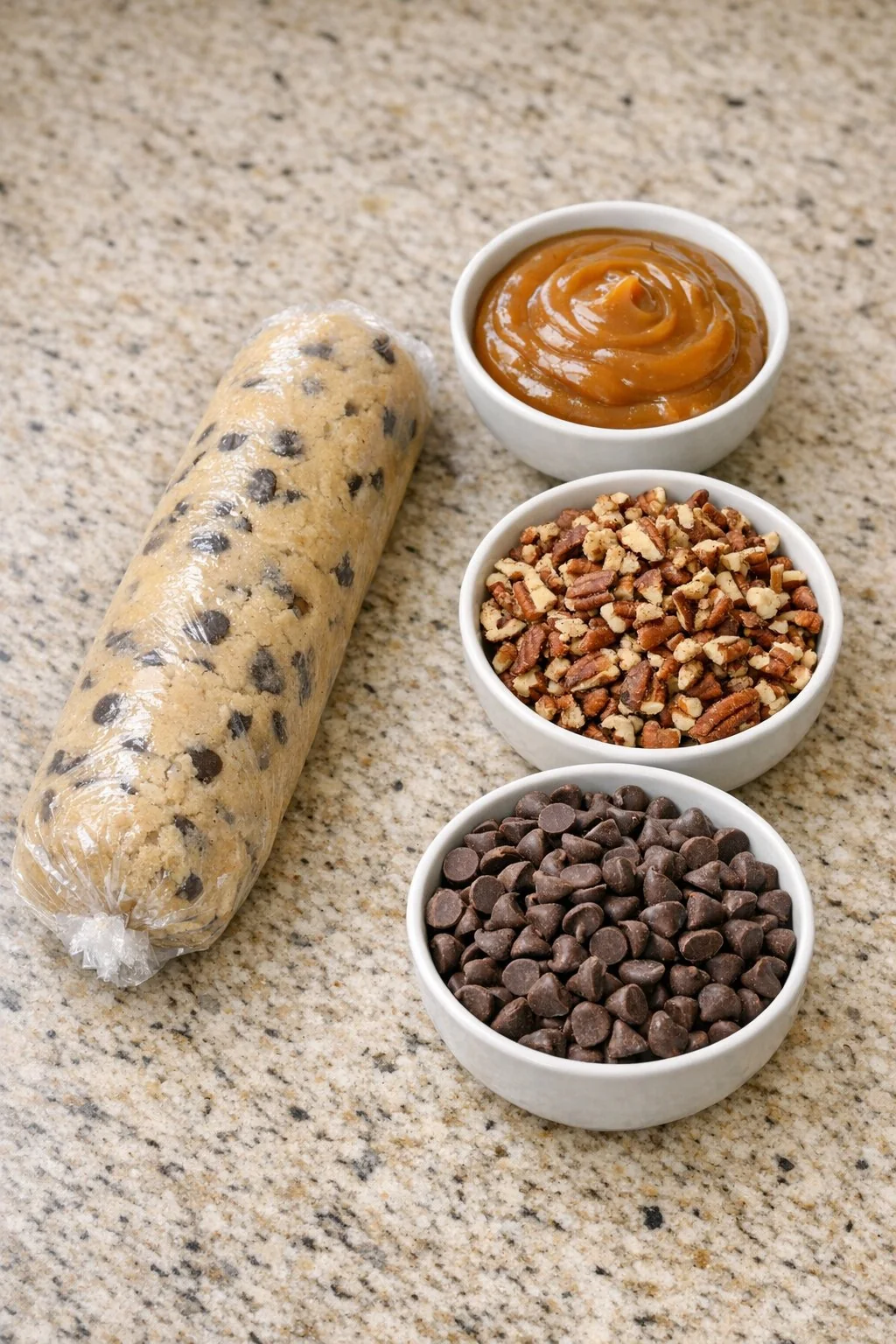 Cookie dough, caramel, pecans and chocolate chips