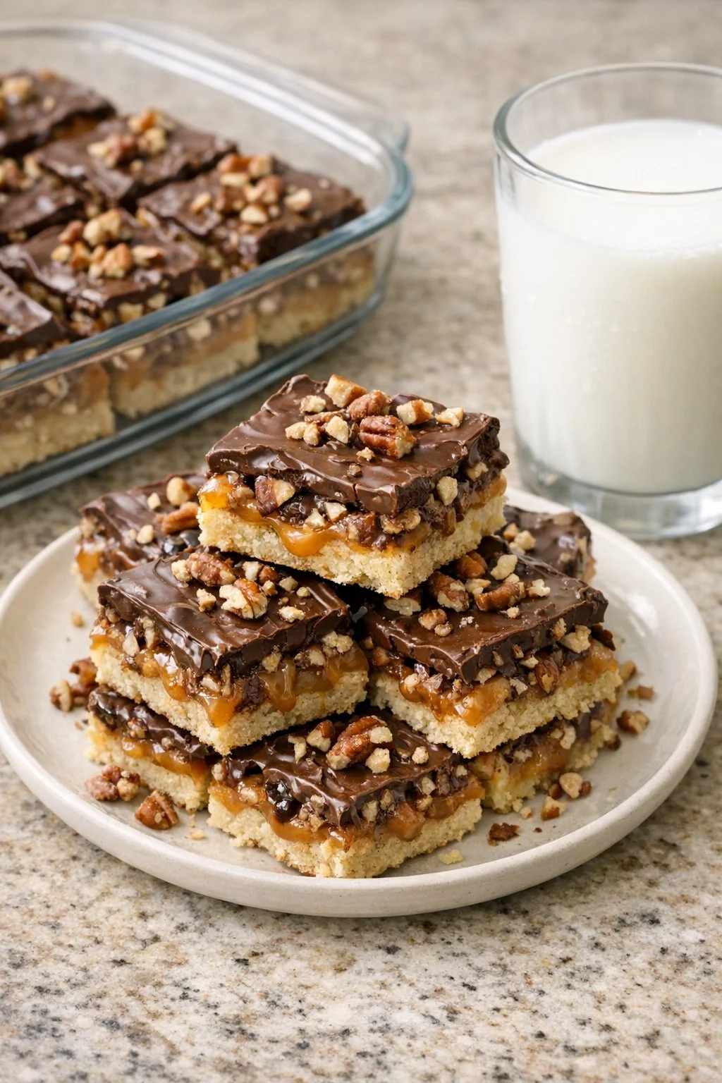 Turtle bars cut into squares and served on a plate
