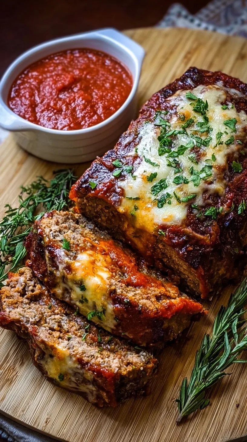 A thick slice of meatloaf showing a molten mozzarella cheese center and red marinara glaze