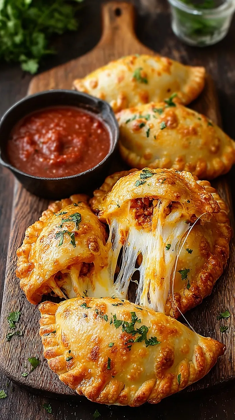 Golden brown baked mozzarella empanadas on a baking sheet with melted cheese pulling apart