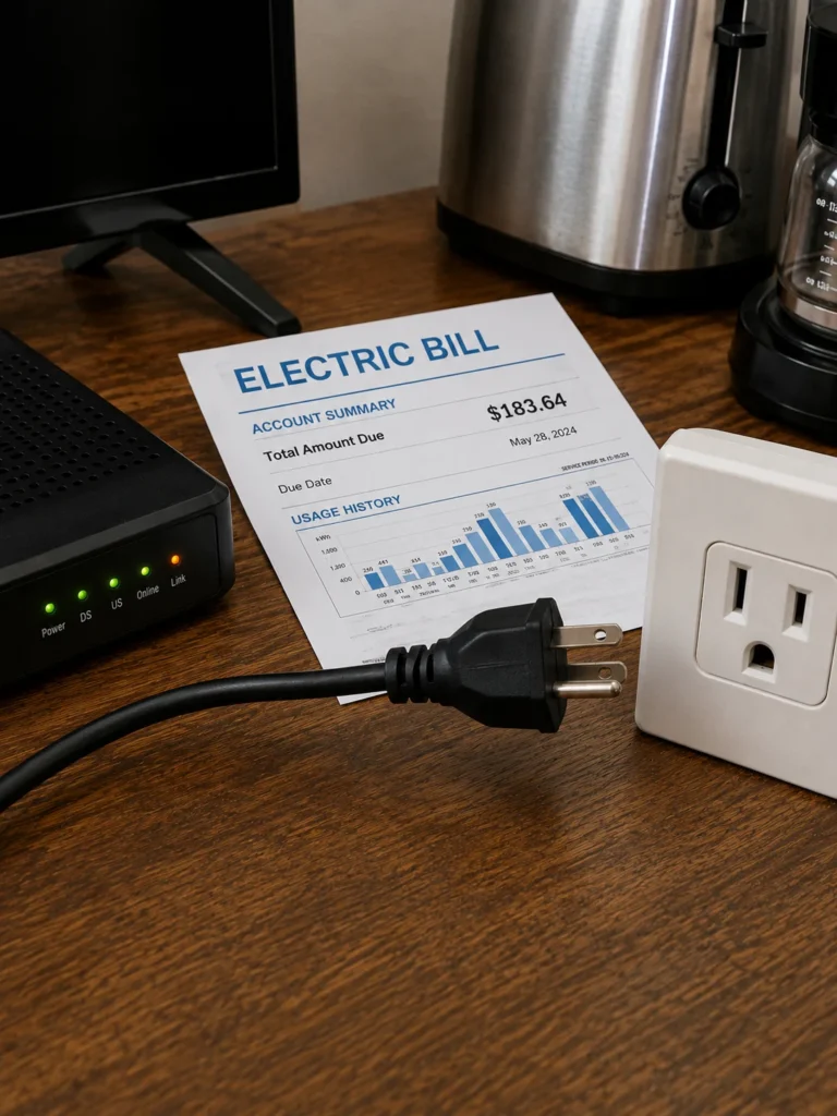 Person unplugging a TV and home electronics at night to reduce standby electricity use