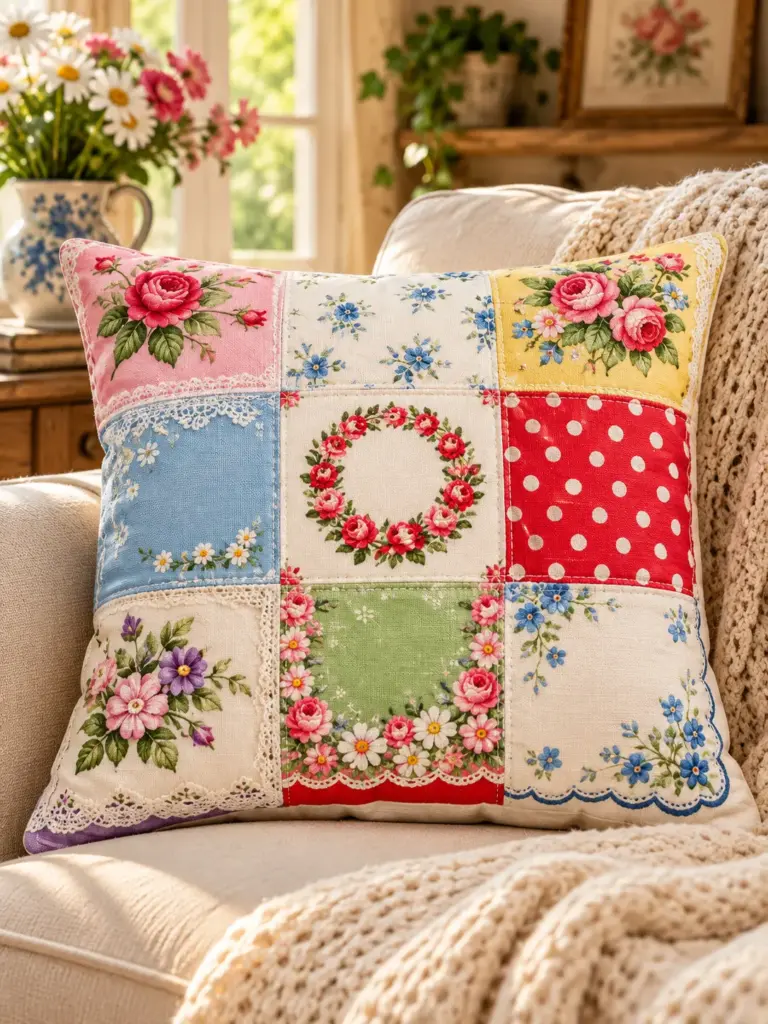 Vintage handkerchiefs sewn into a colorful patchwork throw pillow