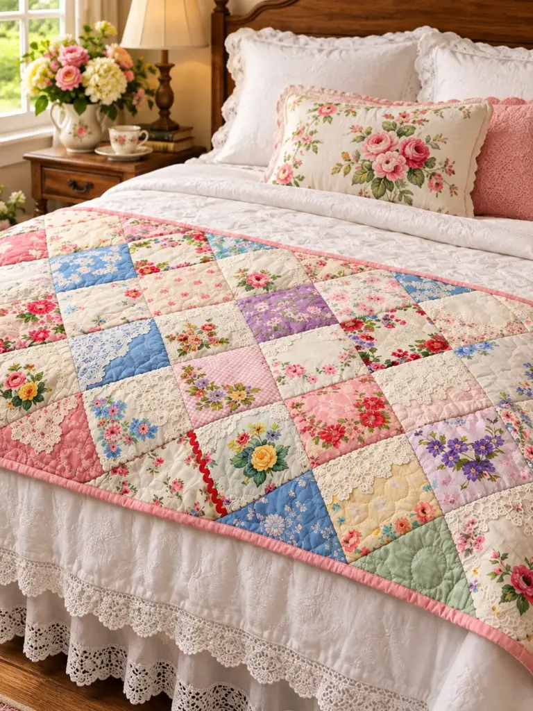 Vintage handkerchiefs sewn into a colorful patchwork throw pillow