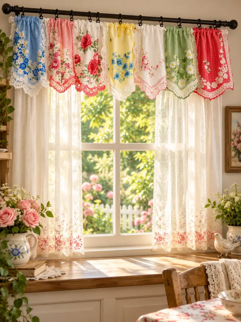 Vintage handkerchiefs sewn into a colorful patchwork throw pillow