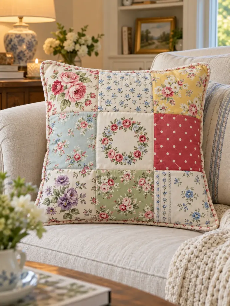 Vintage handkerchiefs sewn into a colorful patchwork throw pillow