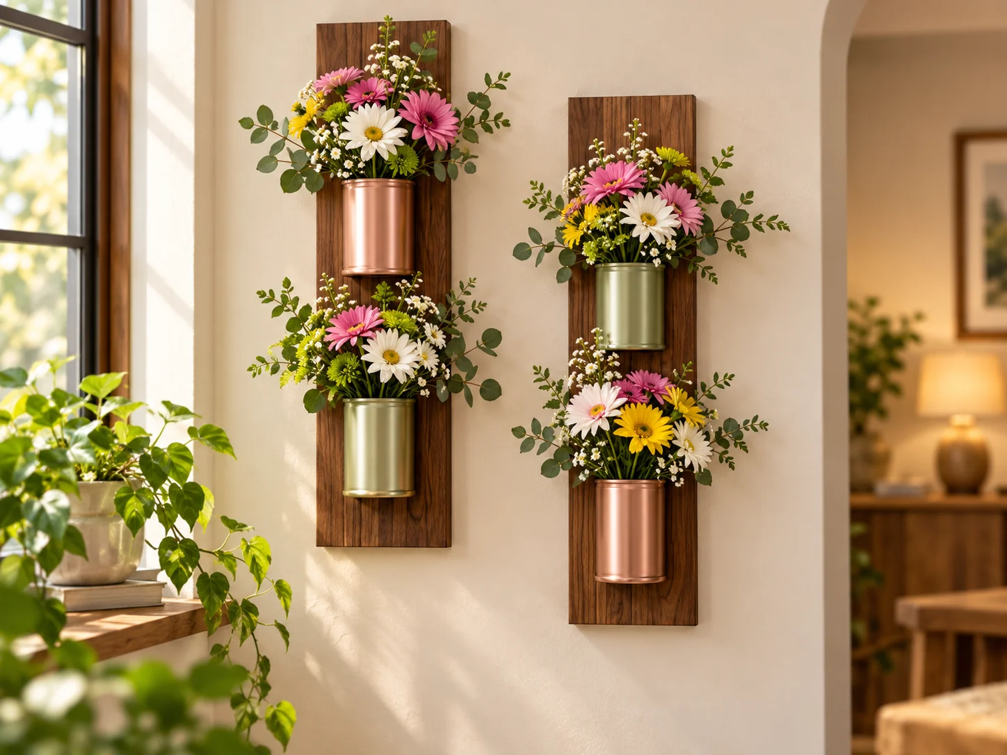 Wall-mounted flower holders made from painted empty cans
