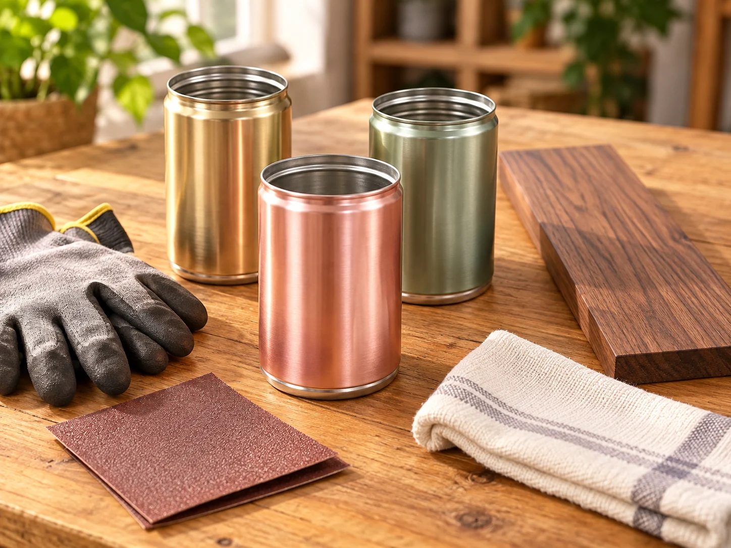Painted empty cans, gloves, sandpaper, and a wood board ready for the project