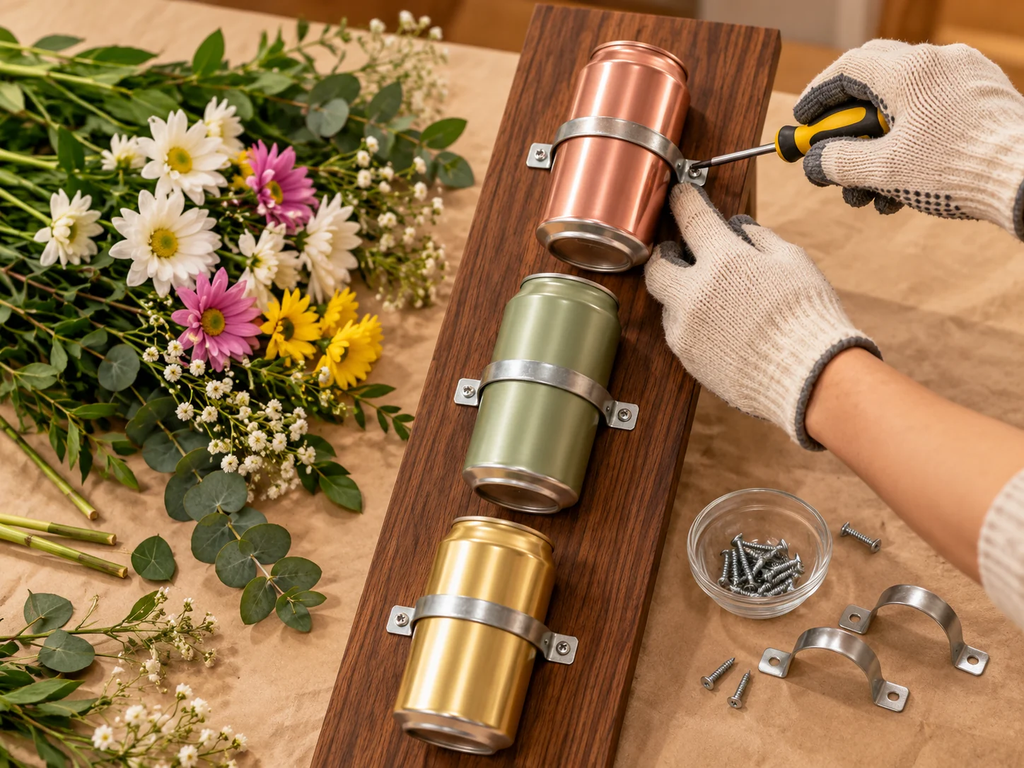 Painted cans being secured to a wood board with metal straps and screws