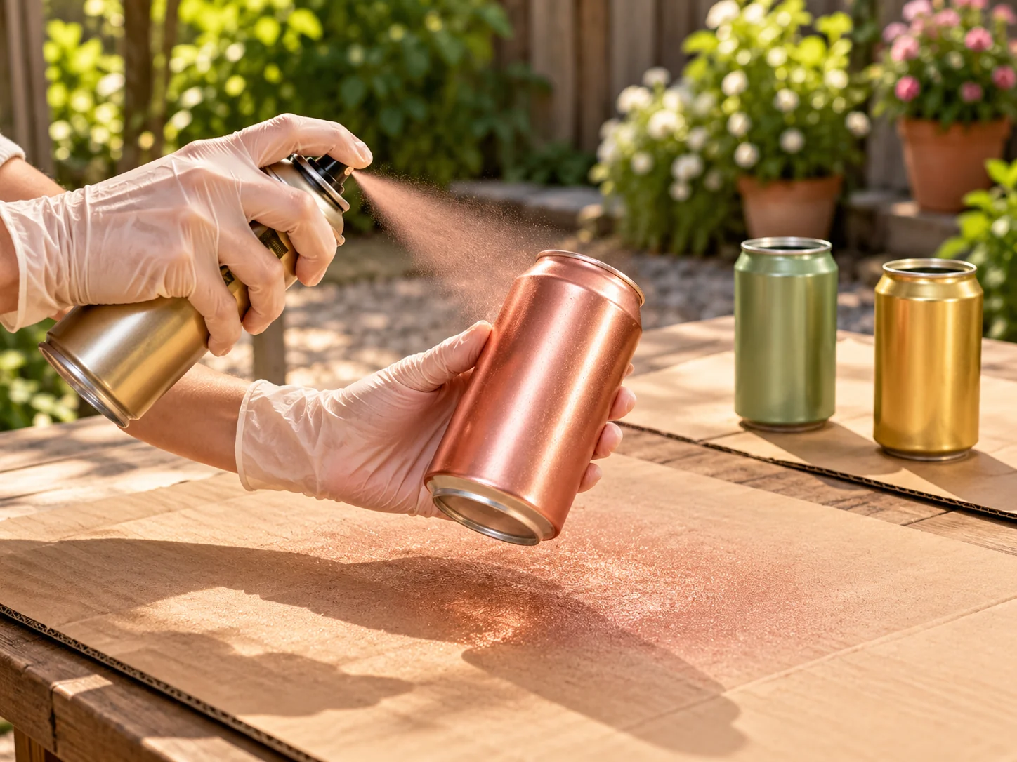 Copper paint being sprayed onto an empty can outdoors