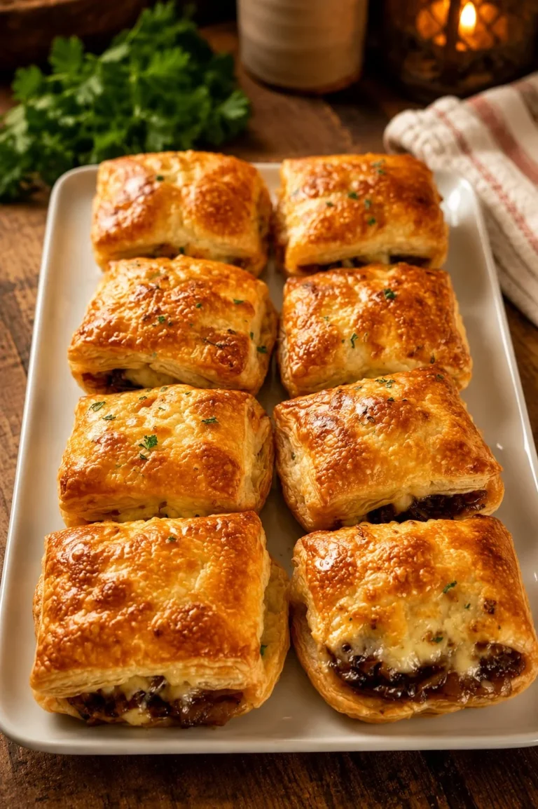 Upside-down caramelized onion tarts on a rustic wooden table
