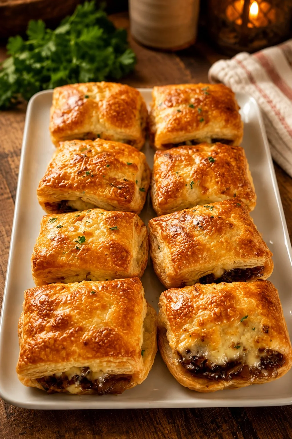 Upside-down caramelized onion tarts on a rustic wooden table